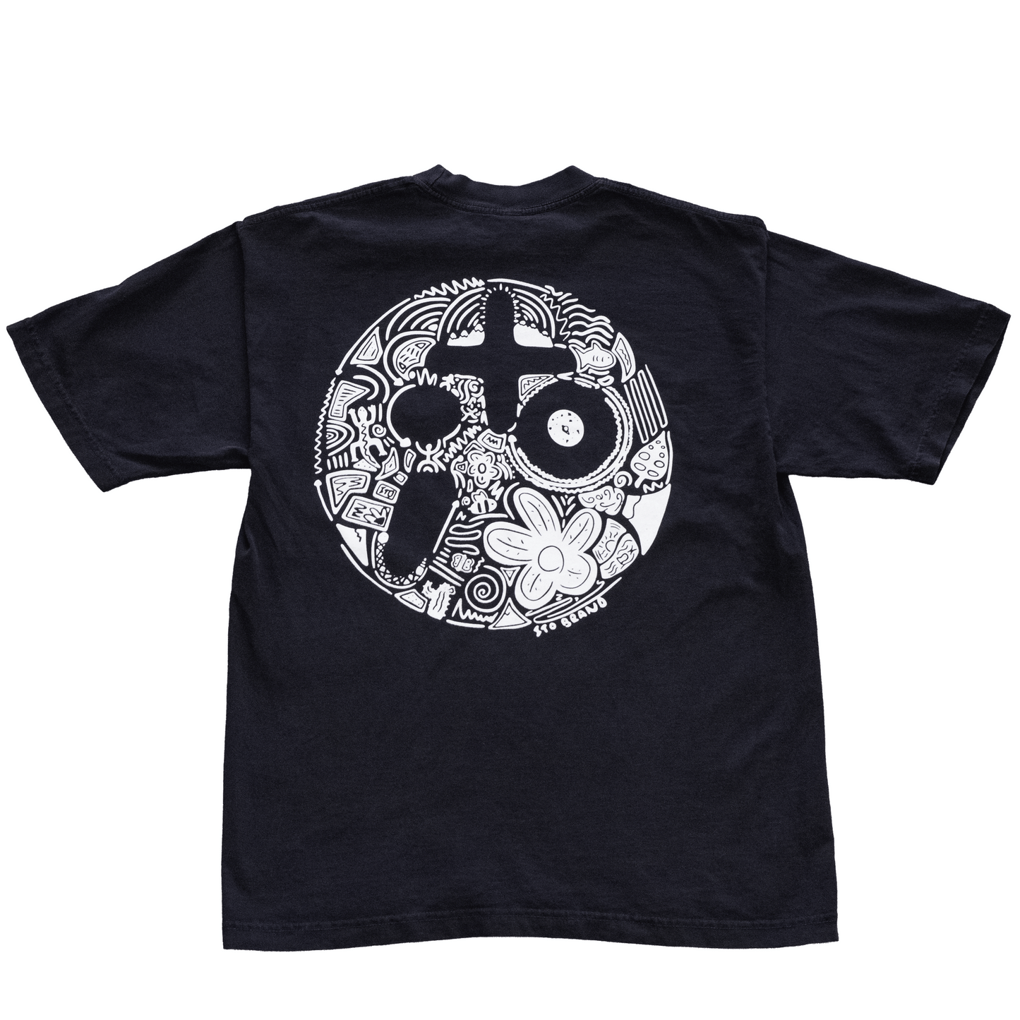 Black t-shirt with white graphic design on a white background