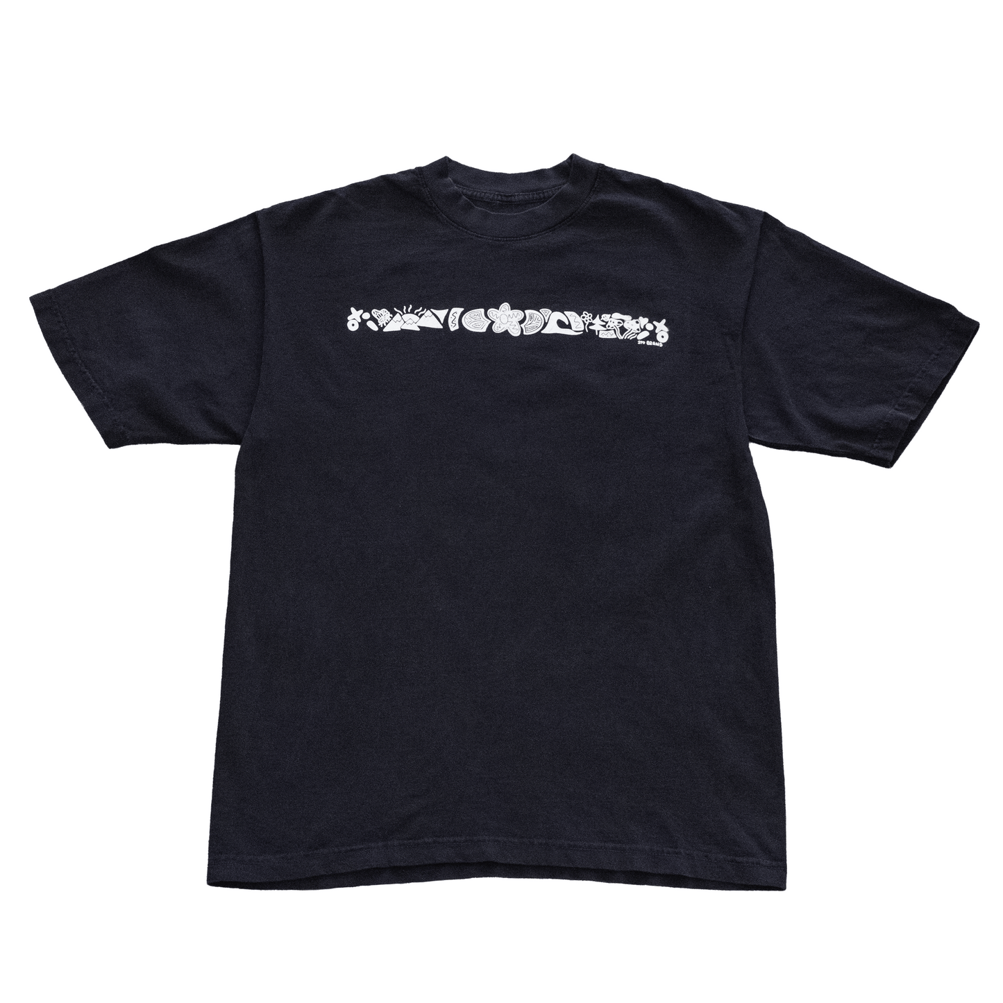 Black t-shirt with white graphic design on a white background