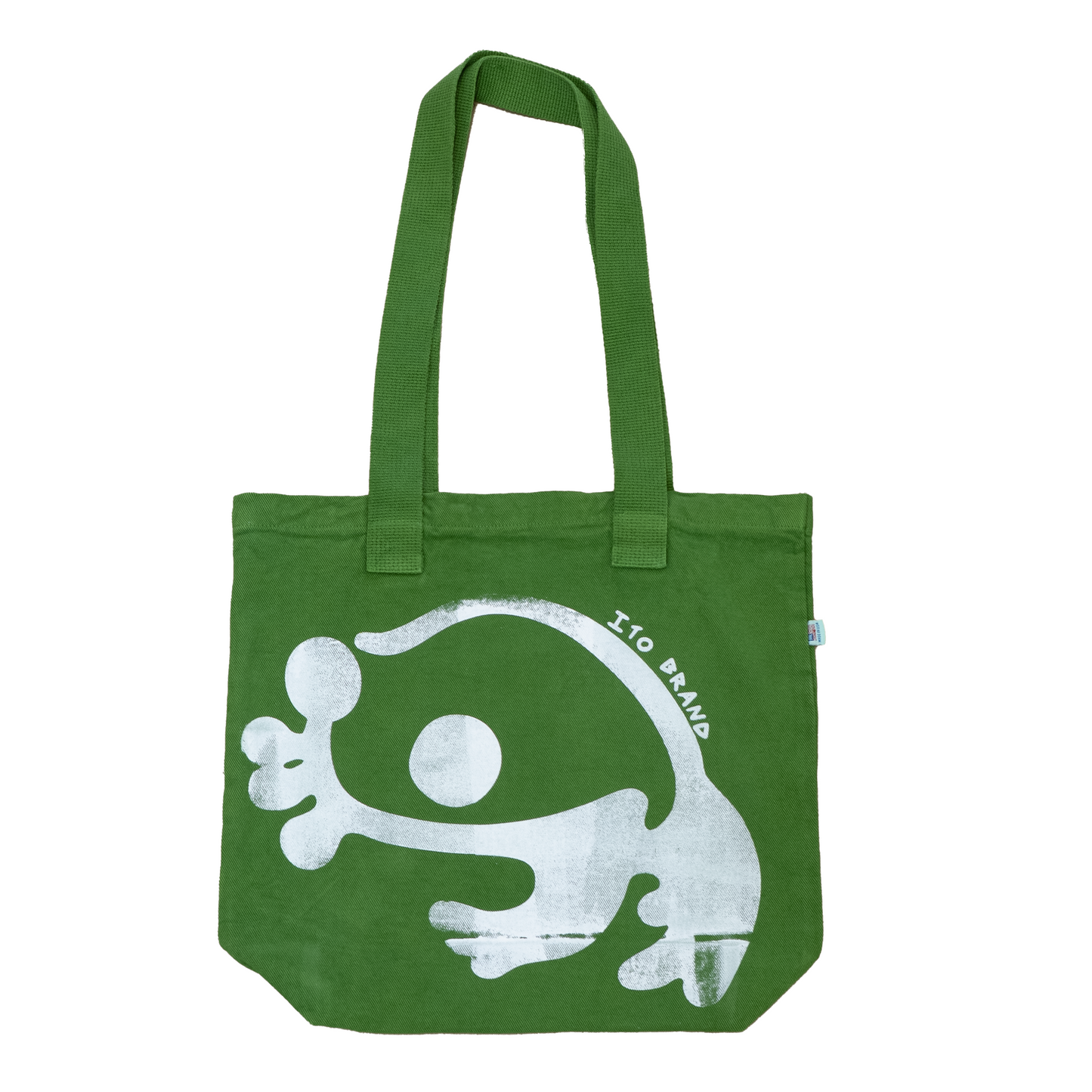 A green canvas tote bag with a large white graphic of a stylized frog and the text 'ITO BRAND' printed on the front, set against a plain white background.