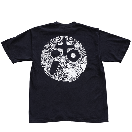 Black t-shirt with white graphic design on a white background