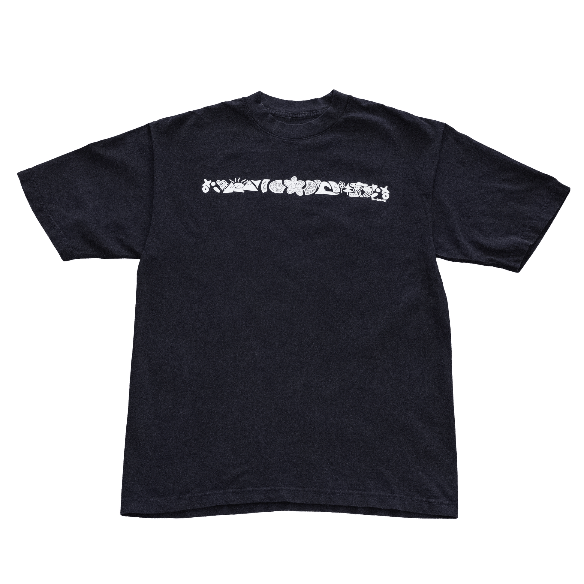 Black t-shirt with white graphic design on a white background
